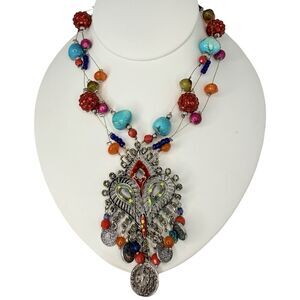 VTG Multicolor Large Flower Pendant Statement Necklace 22" Silver Boho Chic